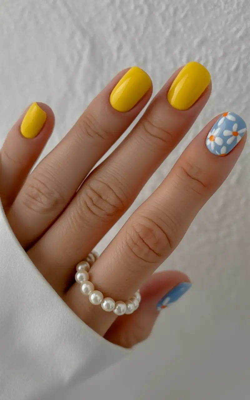 summer gel nail design ideas 2025 Daisy Days and Lemon Light
