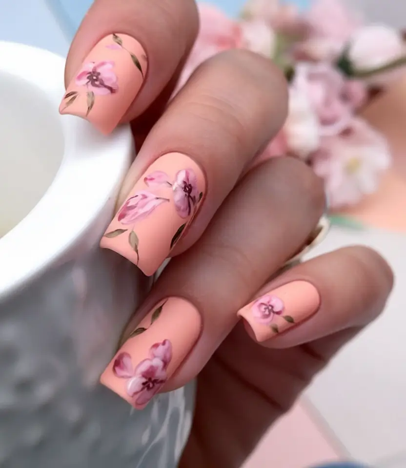 summer gel nail design ideas 2025 Peach Blossom Whisper