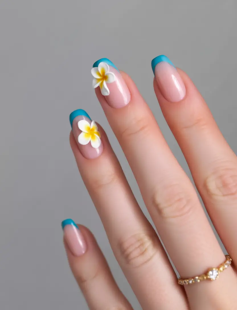 summer gel nail design ideas 2025 Tropical Blue French with Plumeria
