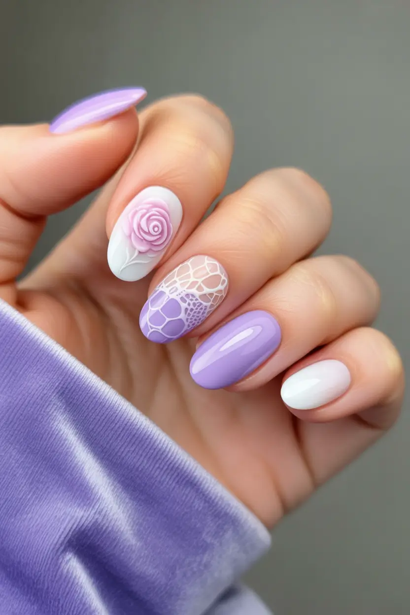 summer gel nail design ideas 2025 Lavender Lace Garden