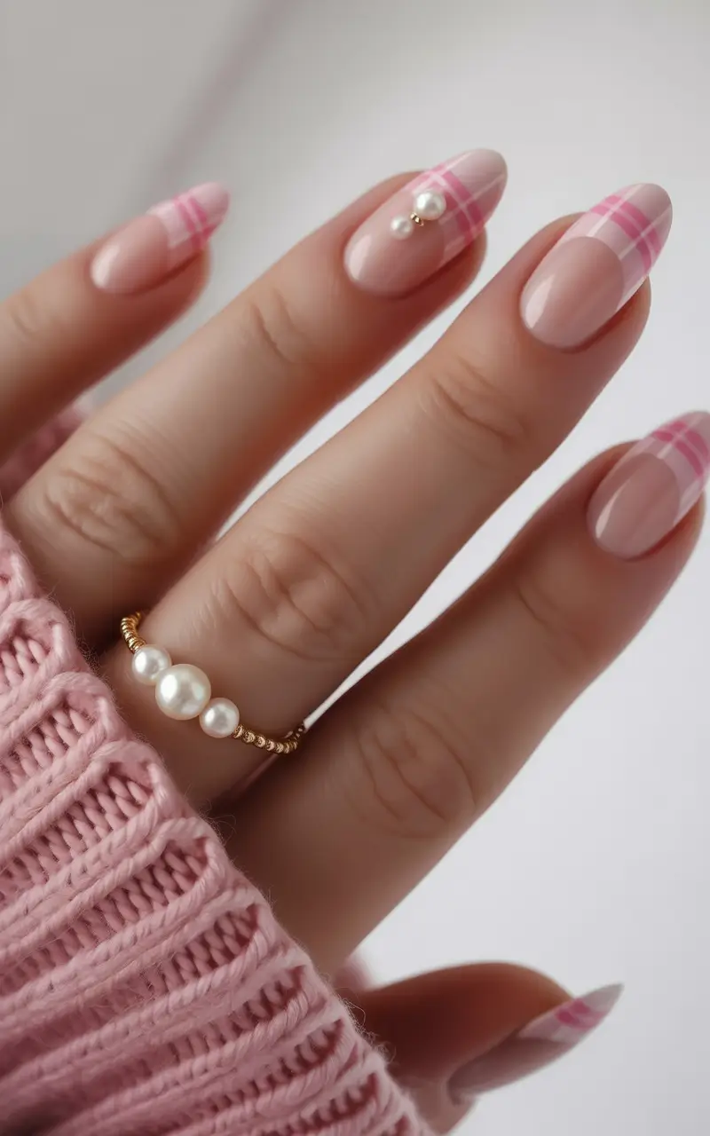 summer gel nail design ideas 2025 Playful Pink Plaid with Pearls