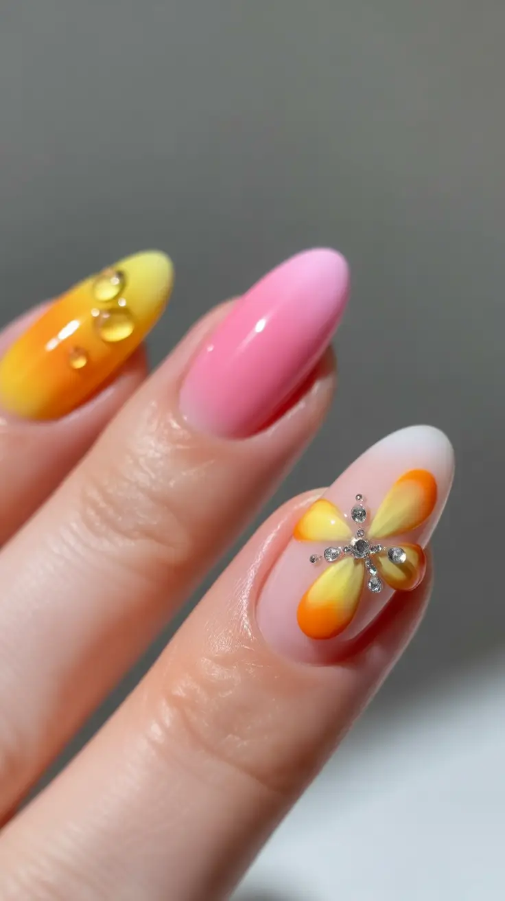 summer gel nail design ideas 2025 Sunset Sorbet with a 3D Twist