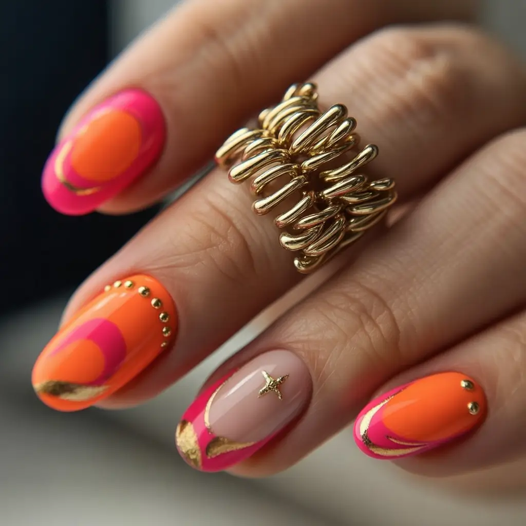 summer gel nail design ideas 2025 Retro Vibes in Neon and Gold