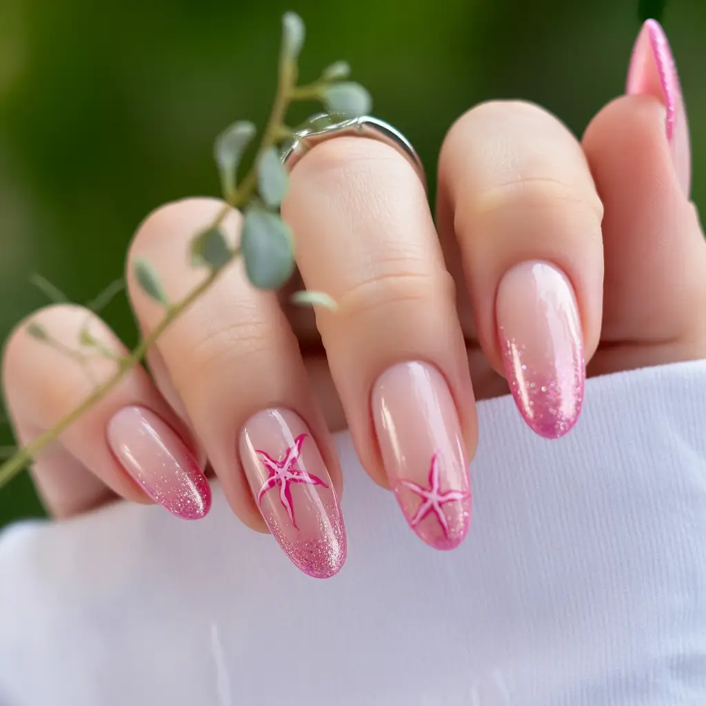 summer gel nail design ideas 2025 Starfish Kisses and Pink Sparkles