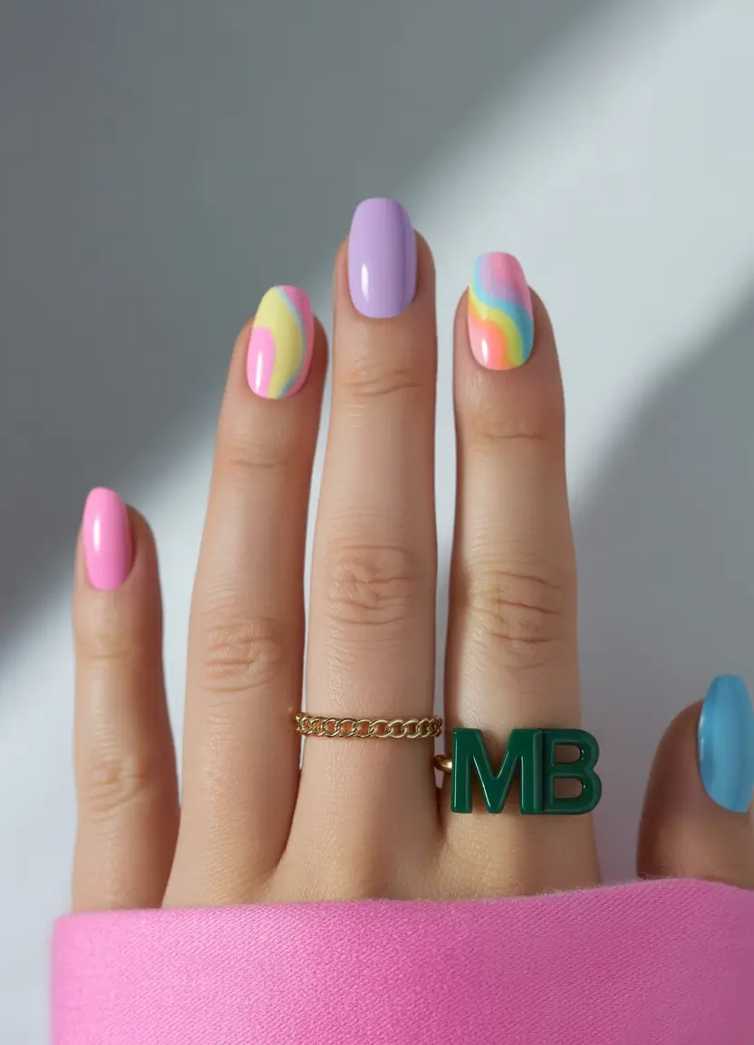 summer gel nail design ideas 2025 Candy Rainbow Meets Pastel Minimalism