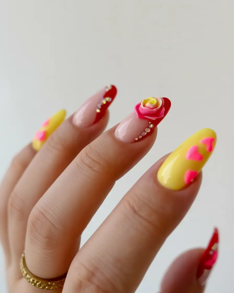 summer gel nail design ideas 2025 Flirt Alert: Hearts, Crystals, and Candy Yellow