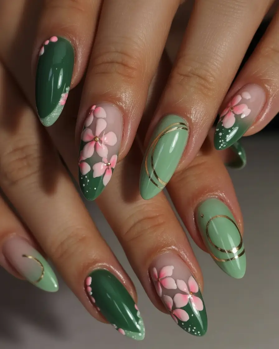 summer gel nail design ideas 2025 Jade Garden with Blossoms and Gold