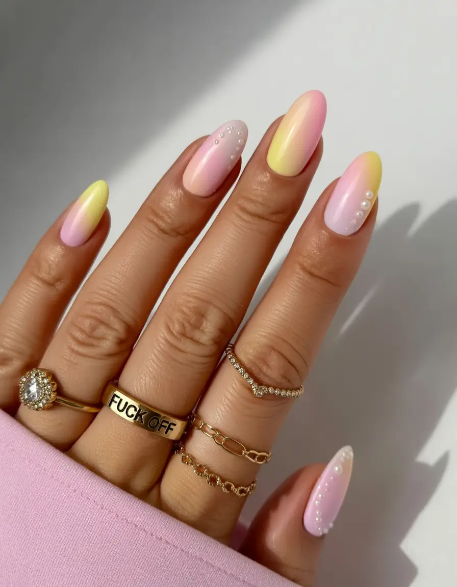 summer gel nail design ideas 2025 Sunrise Sorbet with Pearls