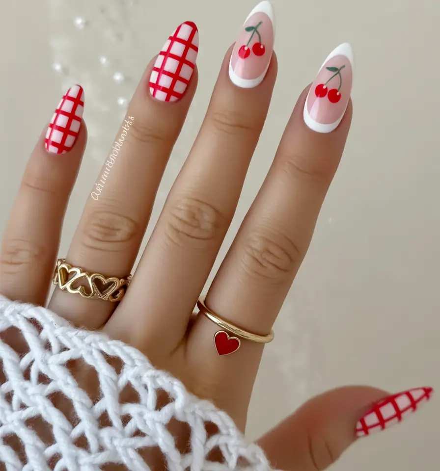 summer gel nail design ideas 2025 Cherry Picnic Perfection