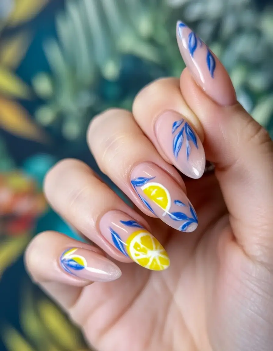 summer gel nail design ideas 2025 Blue Breeze Meets Lemon Bloom