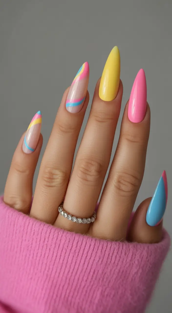 summer gel nail design ideas 2025 Candy Waves and Rainbow Lines