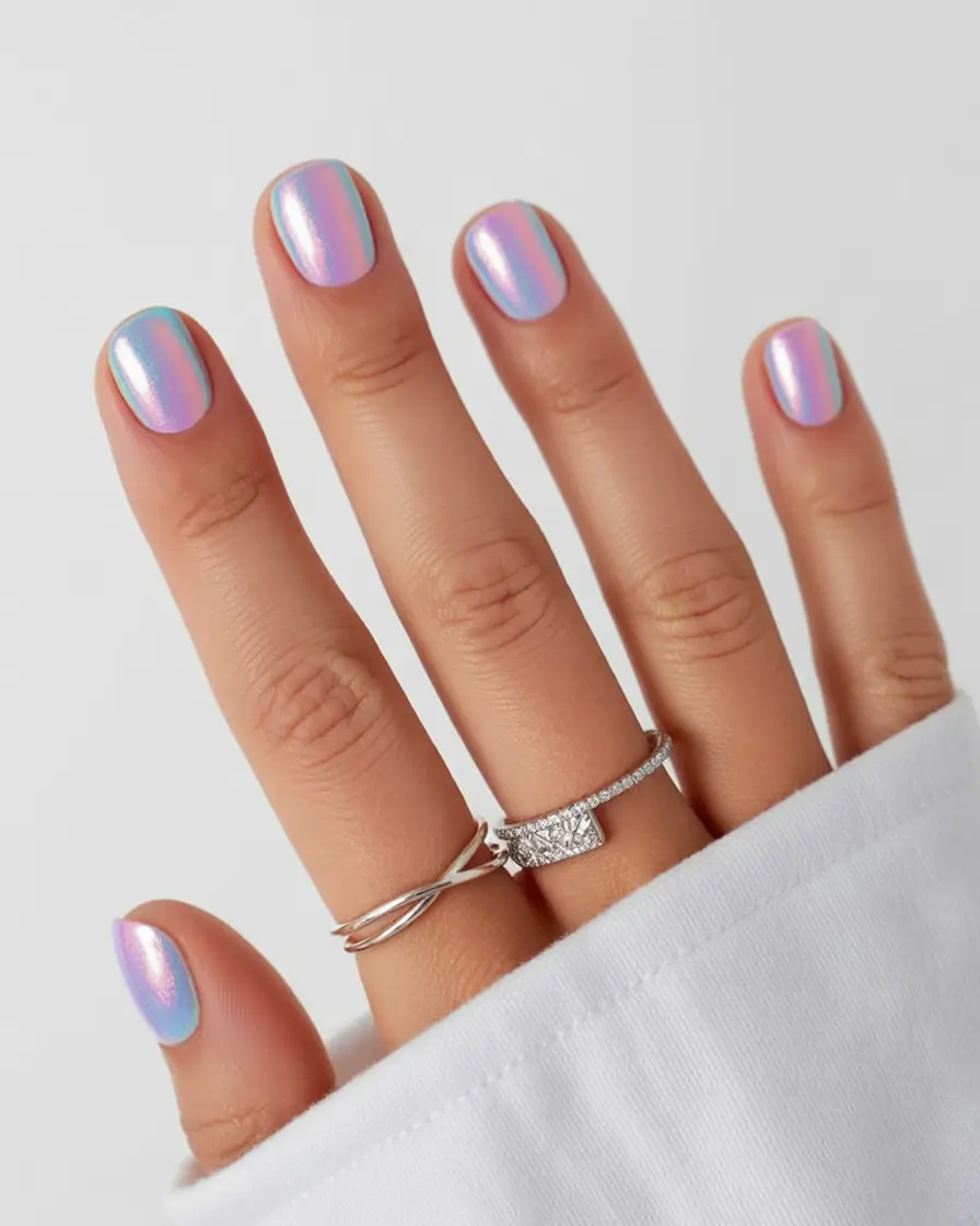 summer gel nail design ideas 2025 Opal Haze with a Glazed Touch