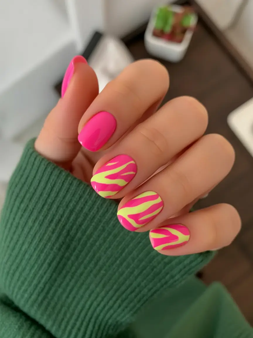 summer gel nail design ideas 2025 Electric Jungle Stripes