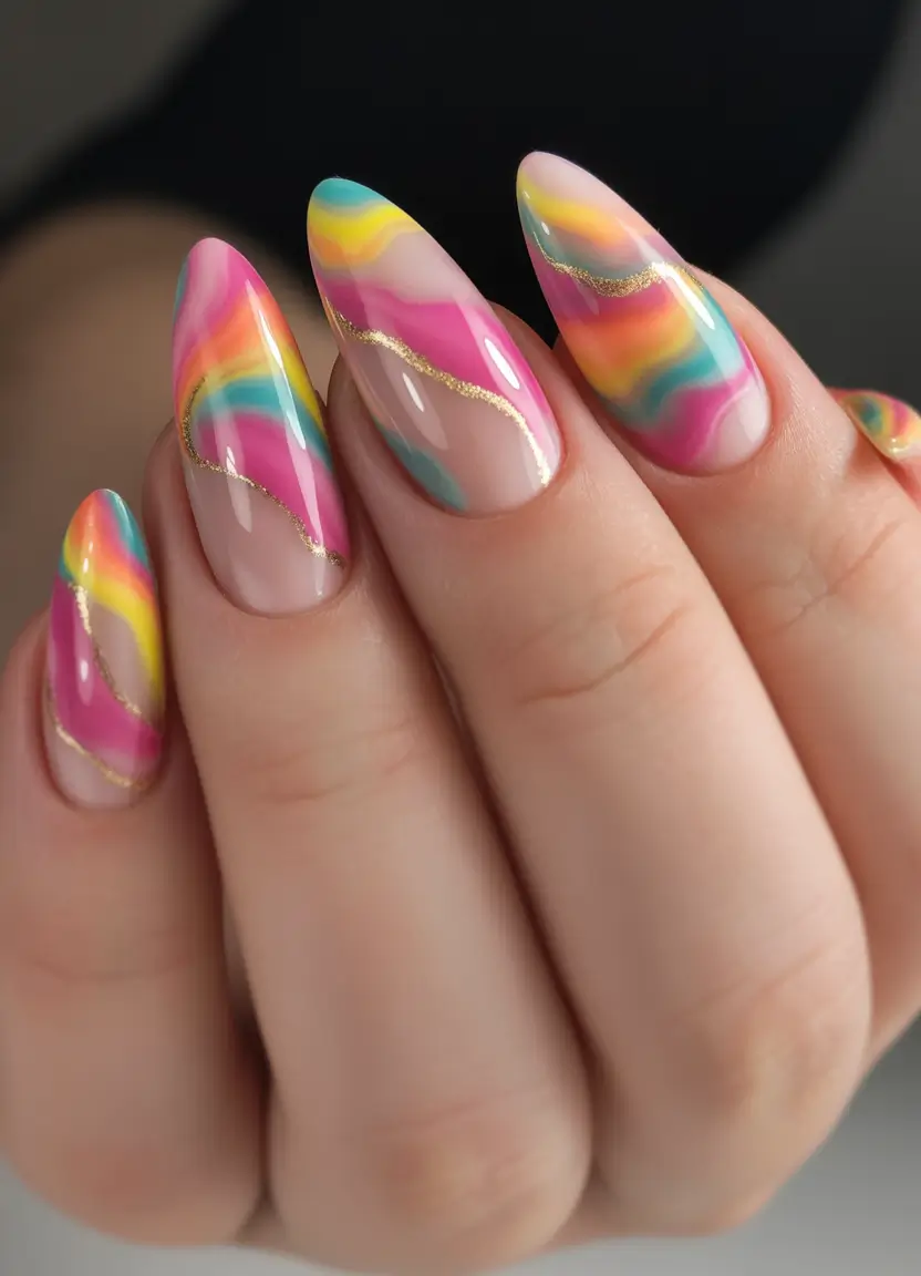 summer gel nail design ideas 2025 Neon Marble Mirage