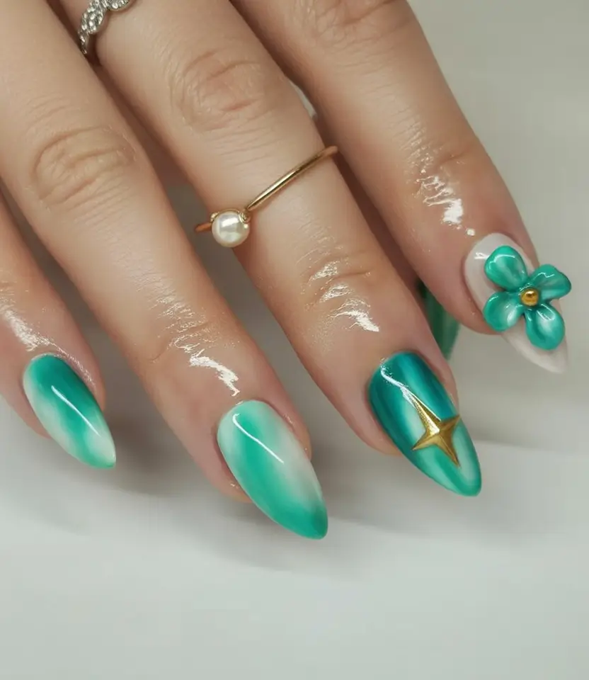 summer gel nail design ideas 2025 Enchanted Emerald Bloom