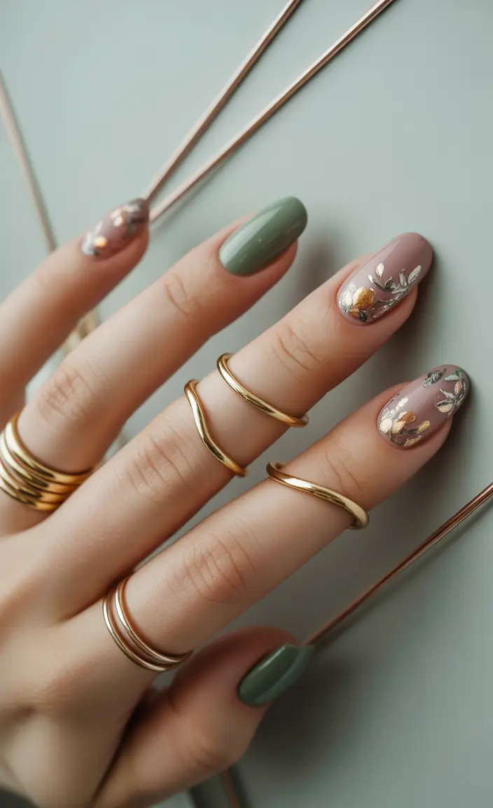 summer green nails ideas 2025 Floral Foil Meets Dusty Green