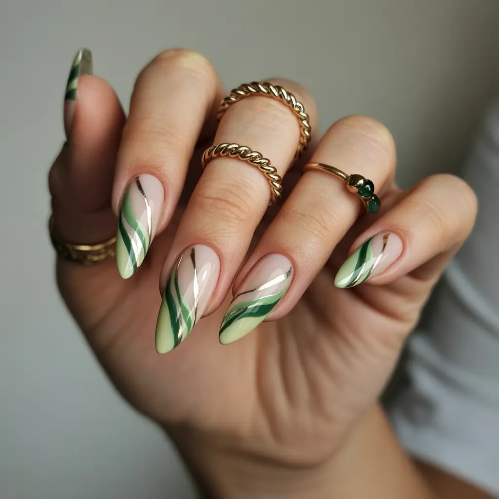 summer green nails ideas 2025 Jungle Stripes on Soft Neutrals