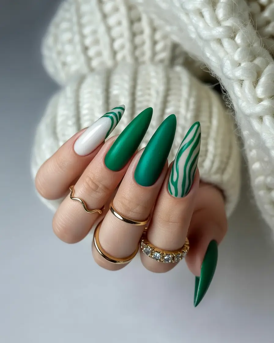 summer green nails ideas 2025 Matte Forest Meets Minimal Swirls