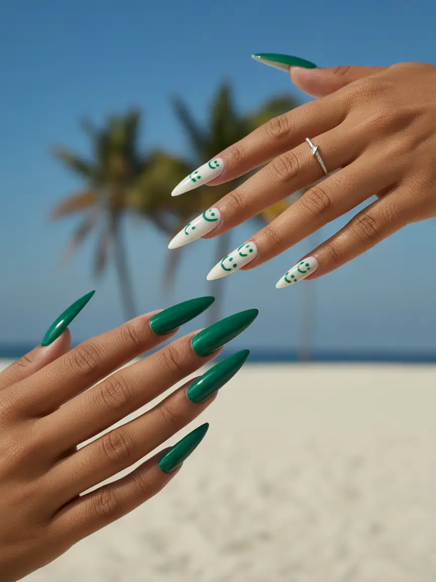 summer green nails ideas 2025 Stiletto Green With a Smiley Twist