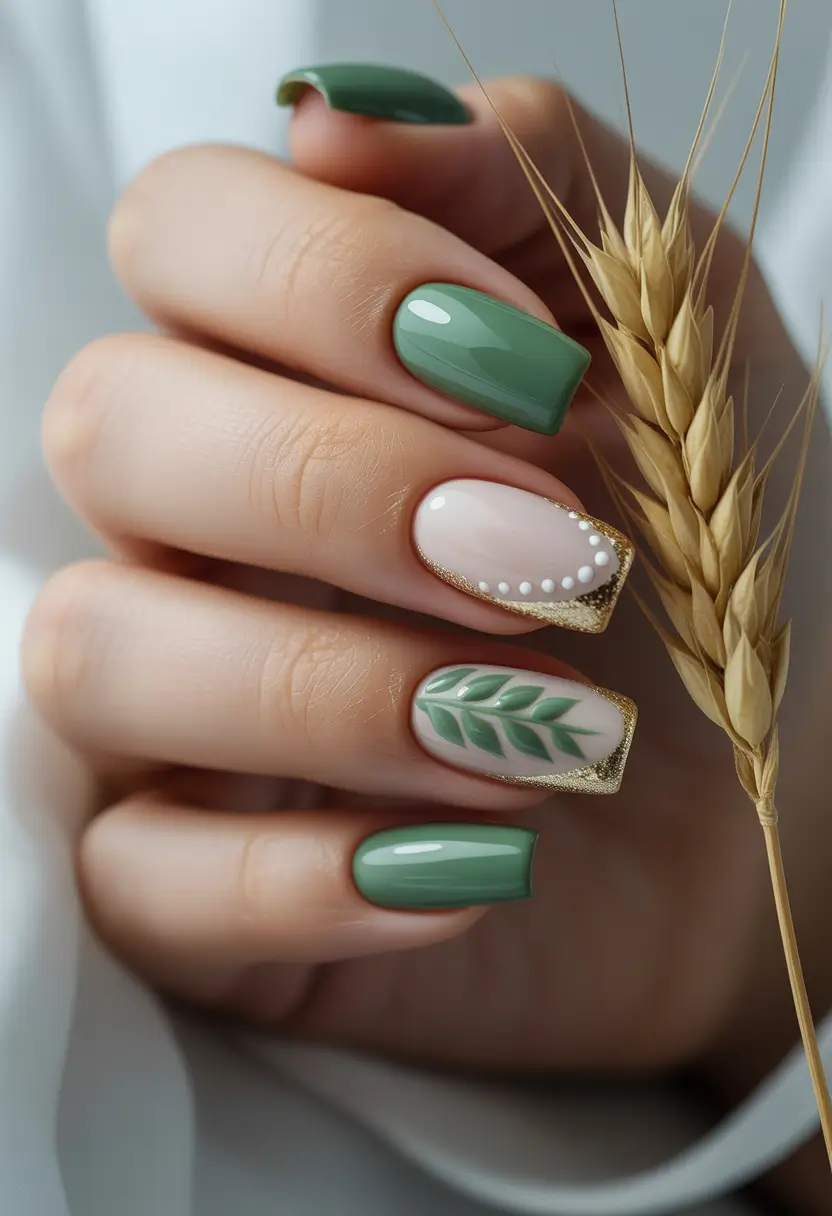 summer green nails ideas 2025 Gold-Framed Greenery
