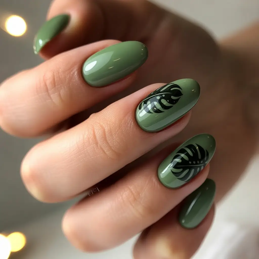 summer green nails ideas 2025 Leafy Minimalism in Olive Tones