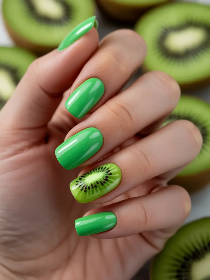 summer green nails ideas 2025 Kiwi-Fruit Pop Art