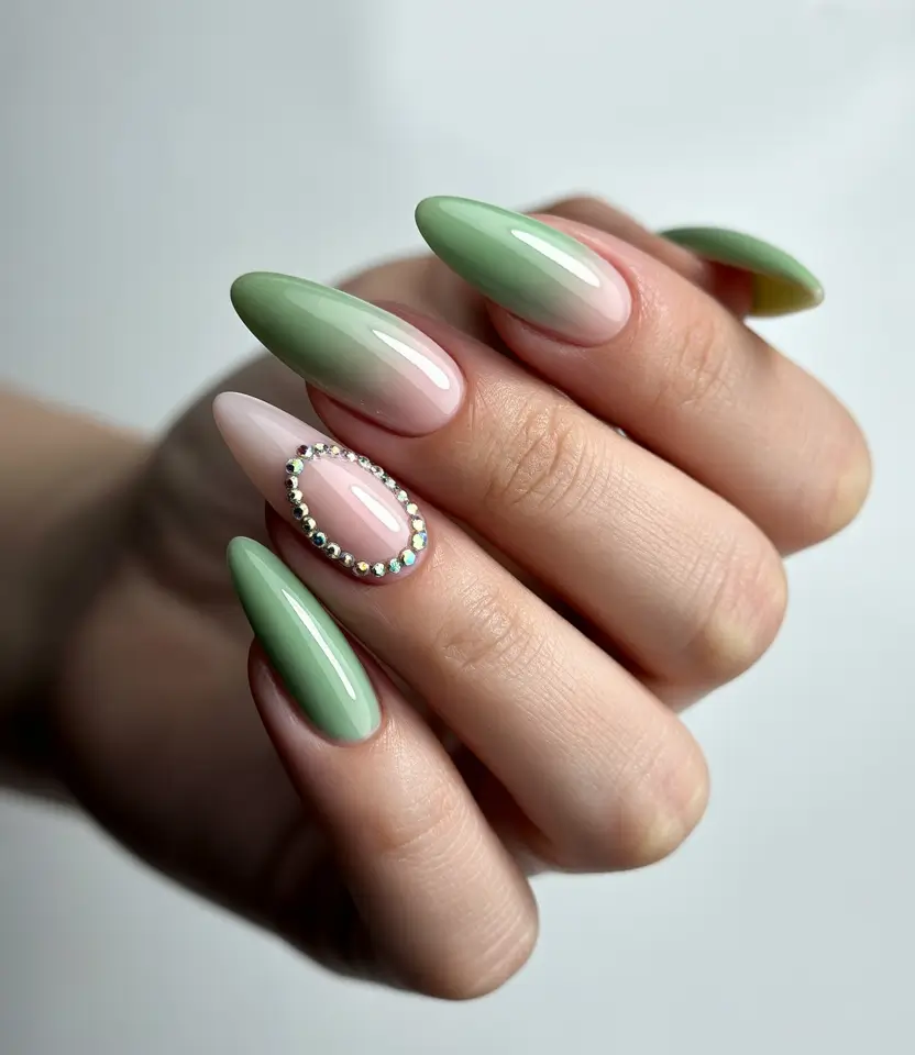 summer long nails ideas 2025 Green Gem Oval Fade