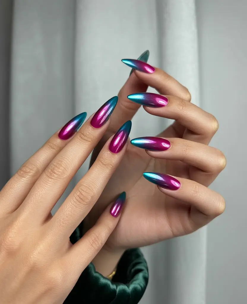 summer long nails ideas 2025 Chrome Berry Electric