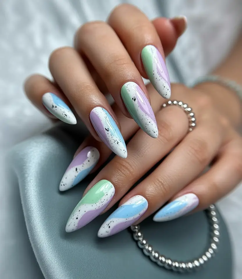 summer long nails ideas 2025 Speckled Pastel Swirls