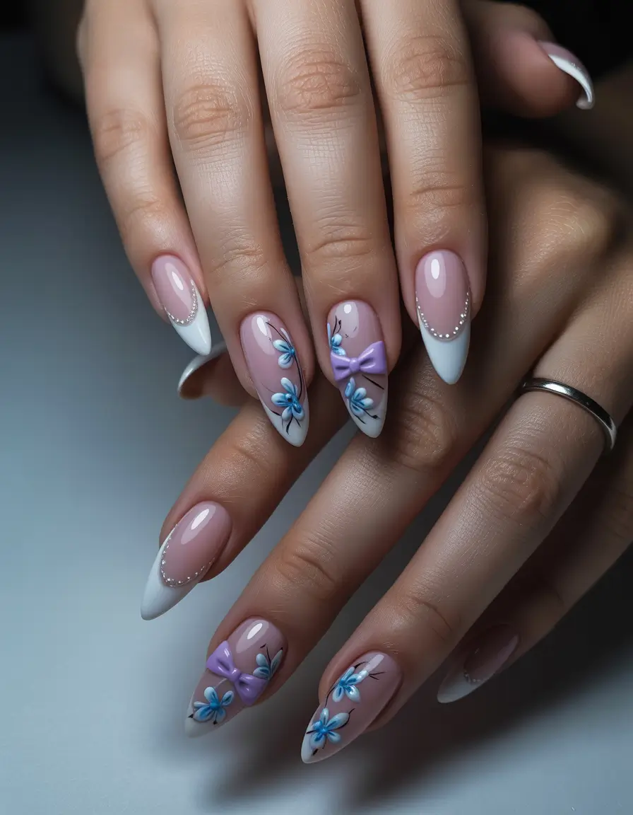 summer long nails ideas 2025 Vintage Blossoms & Dainty Details