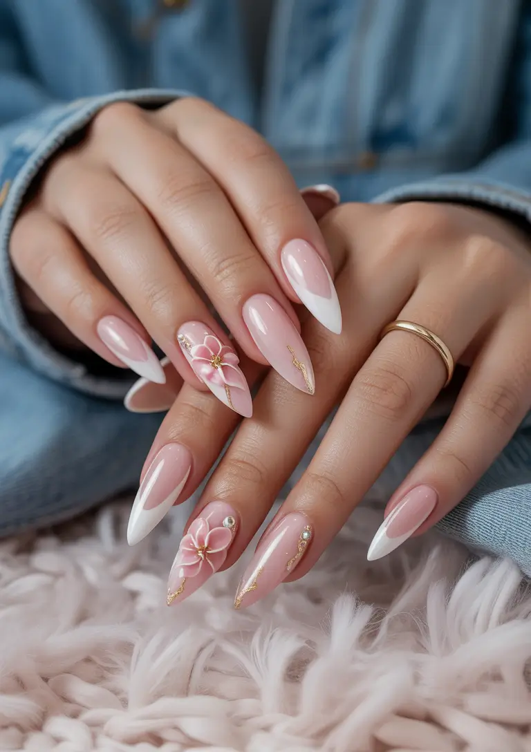 summer long nails ideas 2025+Pink Porcelain Garden