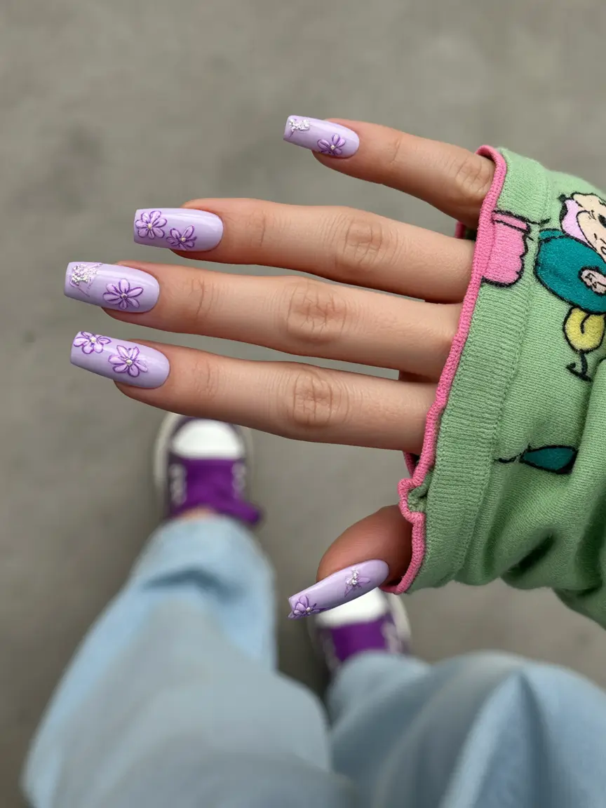 summer long nails ideas 2025+Playful Lavender Fields