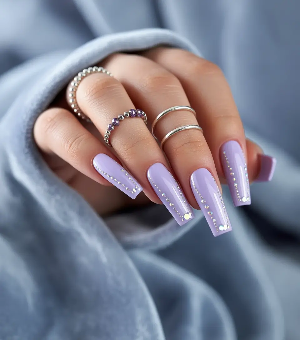 summer long nails ideas 2025+Lavender Luxe with Diamonds