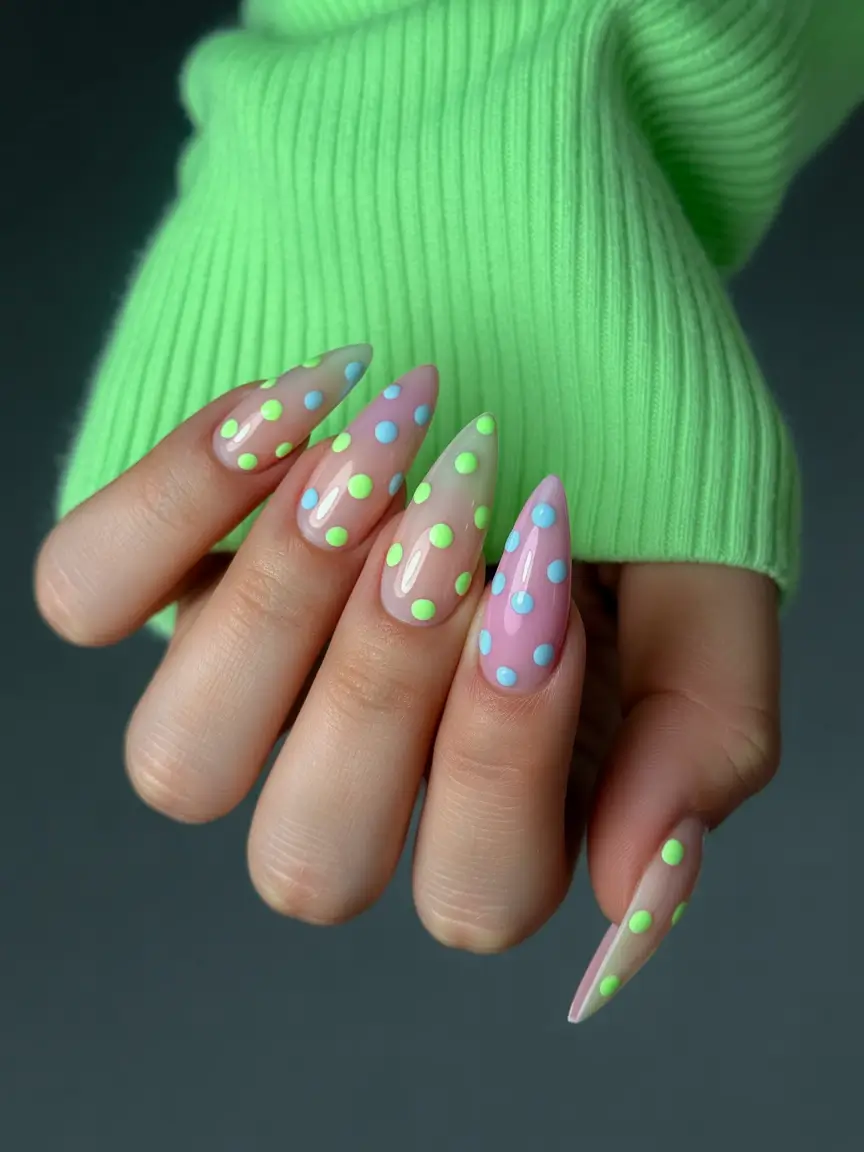 summer long nails ideas 2025+Neon Polka Dot Pop