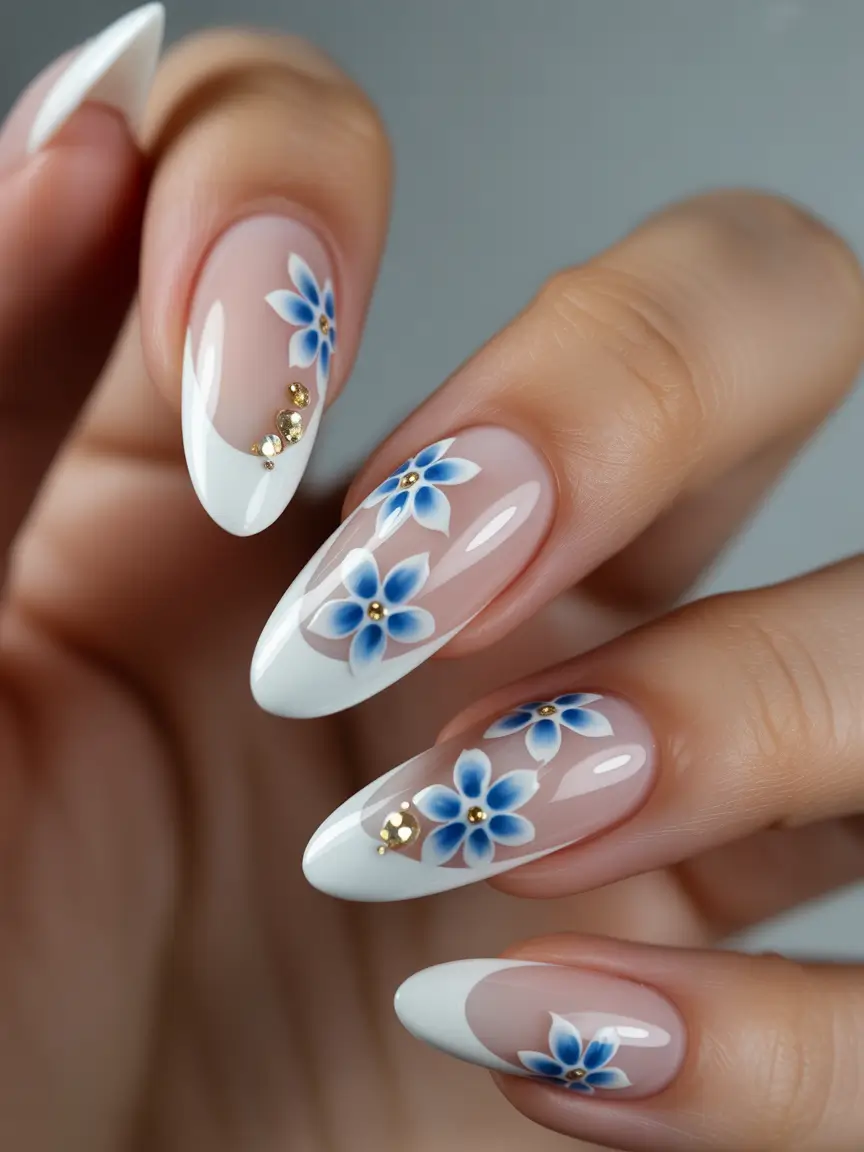 summer long nails ideas 2025+Blue Petal Bloom