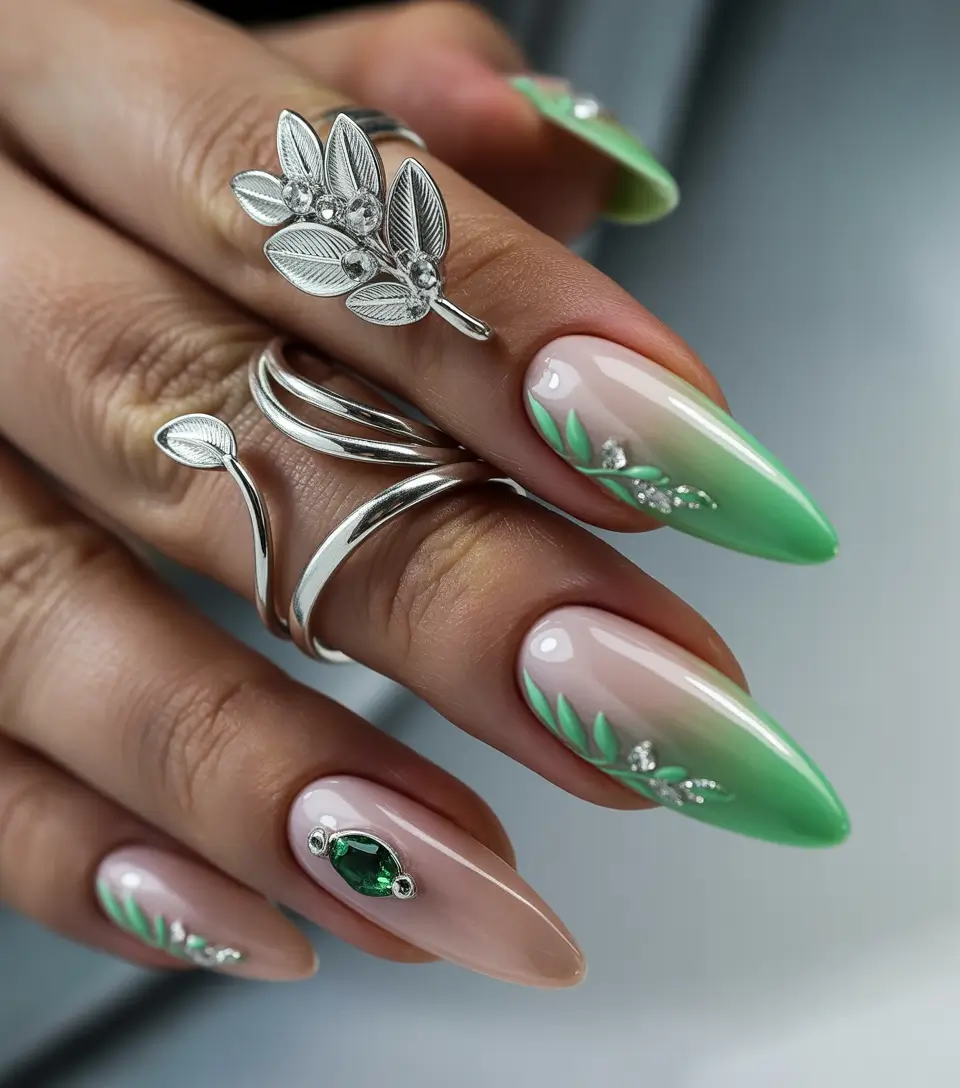 summer long nails ideas 2025+Garden Goddess Green