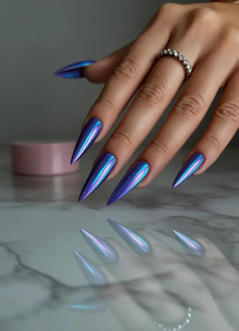summer long nails ideas 2025 Blue Chrome for Baddie Energy