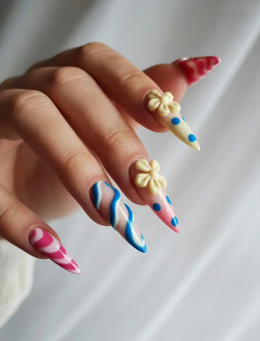 summer long nails ideas 2025 3D Dots & Bow Drama