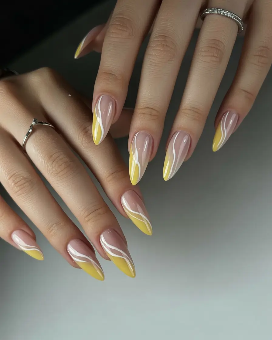 summer long nails ideas 2025 Lemon Waves & Almond Glow