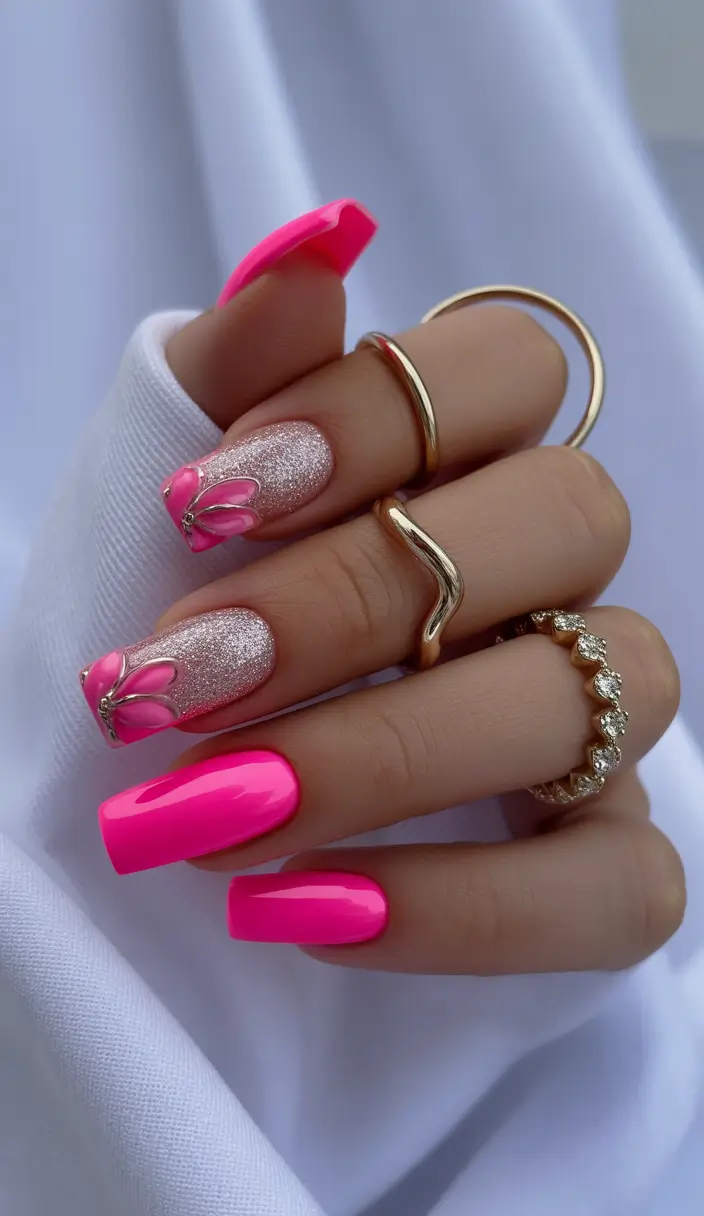 summer long nails ideas 2025 Hot Pink Glitz with Butterfly Bling