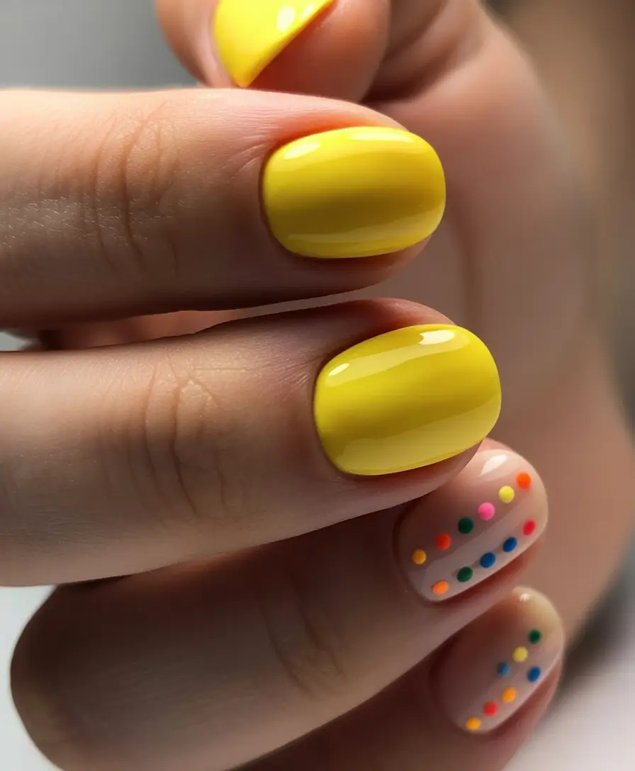 summer round nails ideas 2025 Yellow Sunshine with Rainbow Dots: Pure Joy
