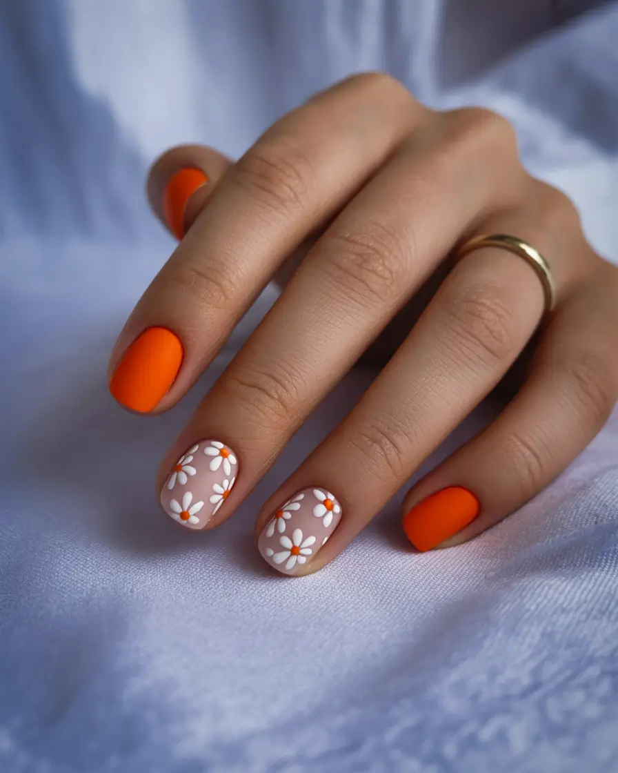summer round nails ideas 2025 Tangerine & Floral Pop: Retro Garden Glow