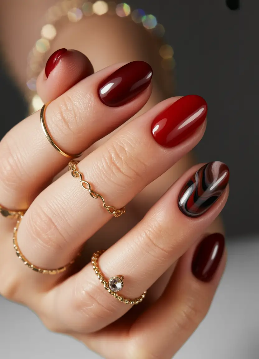 summer round nails ideas 2025 Wine Waves & Velvet Shine: Dramatic & Sophisticated