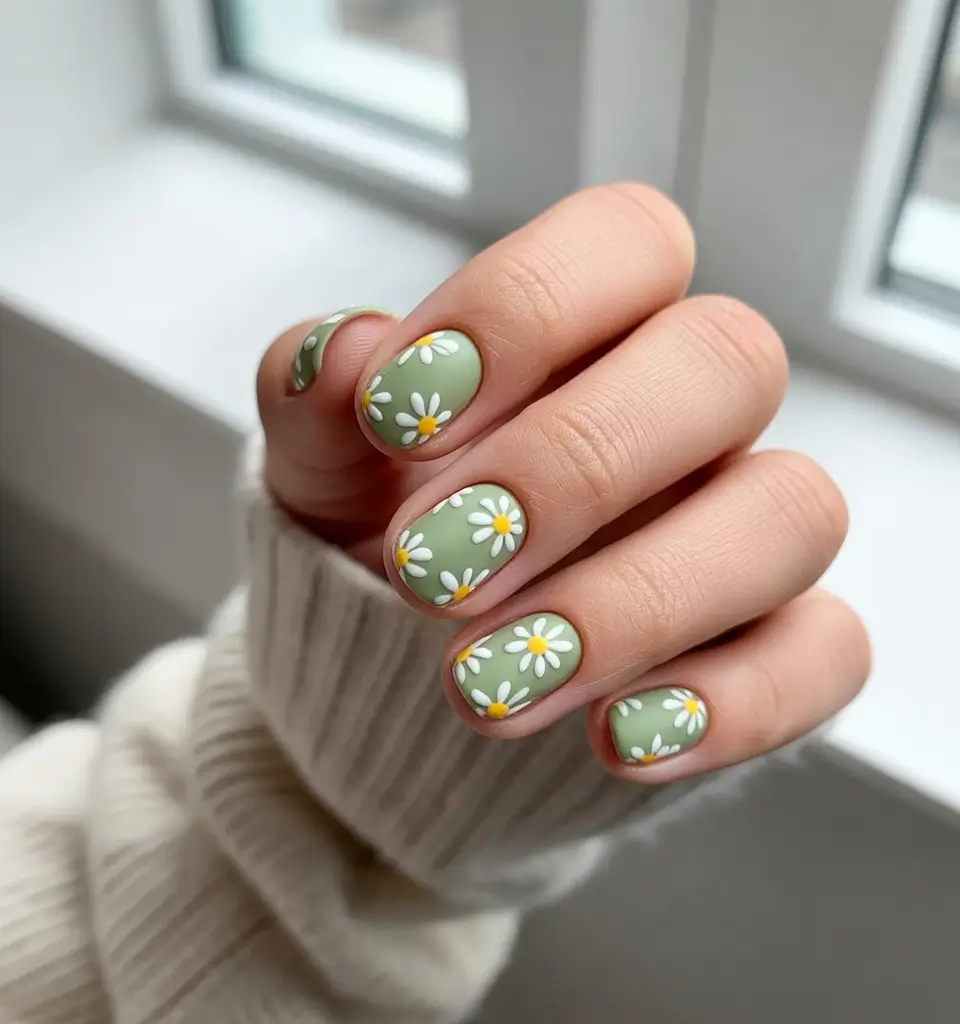 summer round nails ideas 2025 Daisy Days in Soft Olive