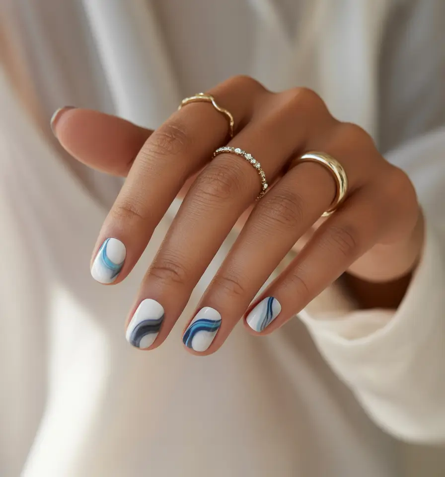 summer round nails ideas 2025 Ocean Breeze Marble Swirls