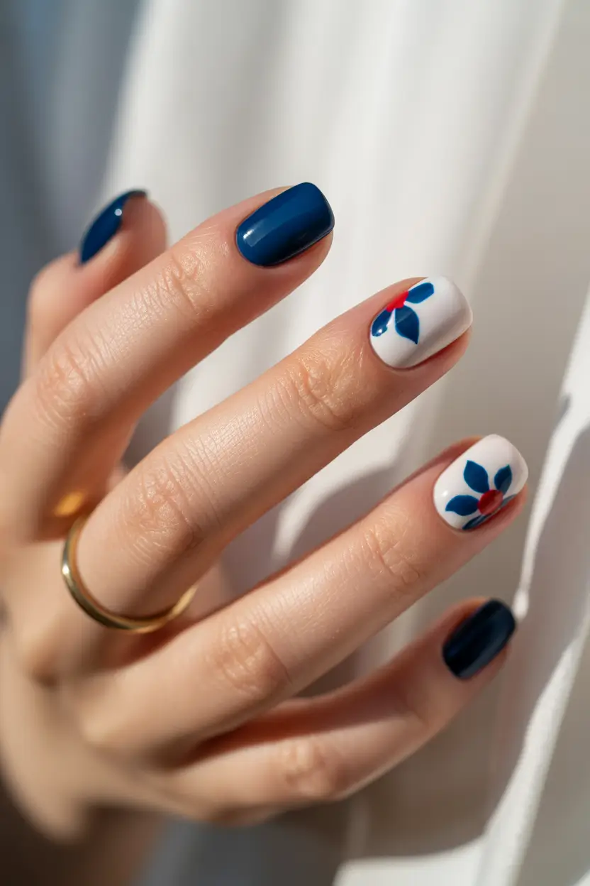 summer round nails ideas 2025 Bold Blooms and Navy Pop