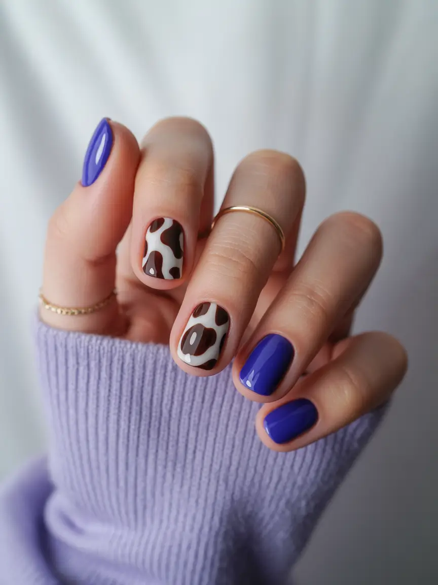 summer round nails ideas 2025 Cow Print Meets Vivid Purple