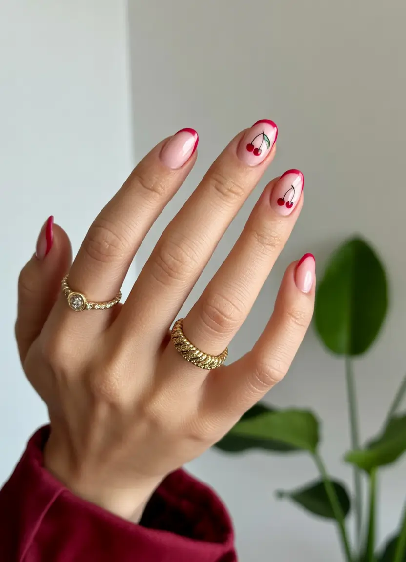 summer round nails ideas 2025 Cherry French with a Twist