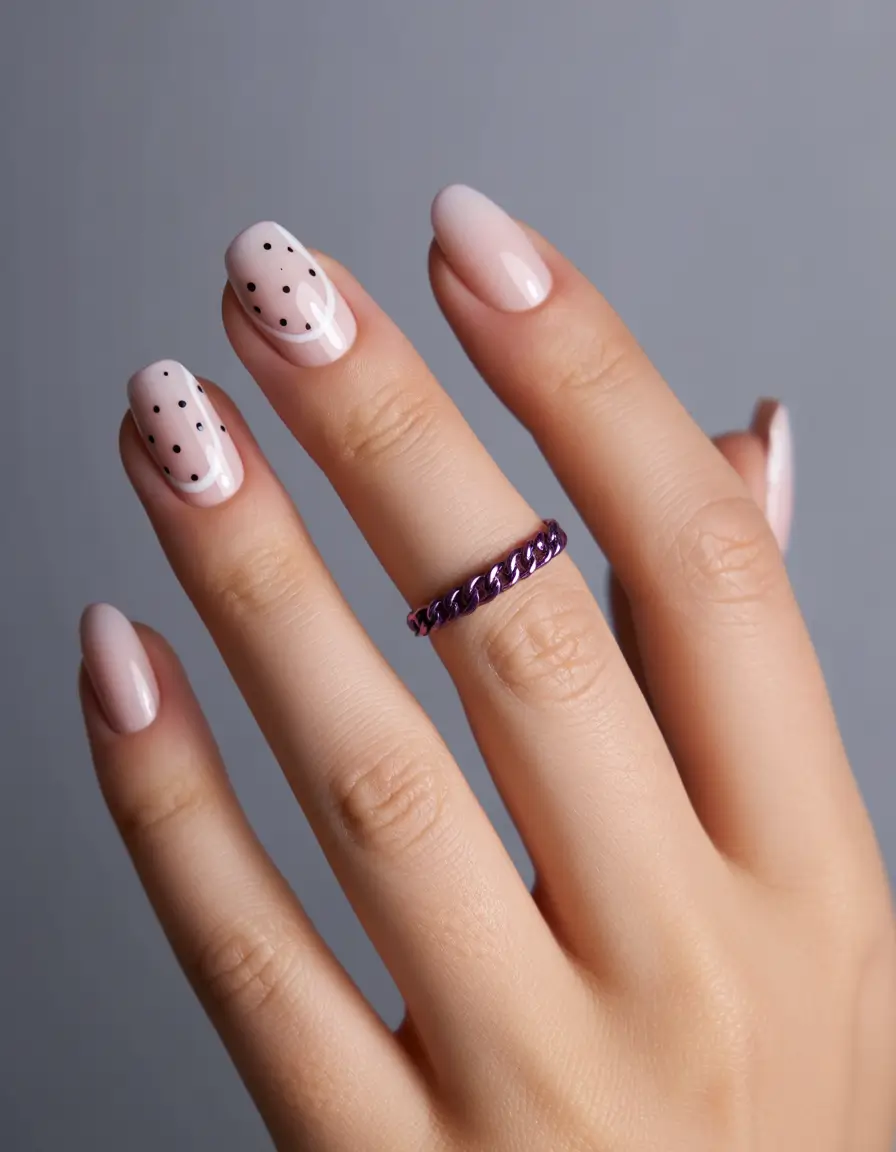 summer round nails ideas 2025 Sheer Blush with Polka Chic