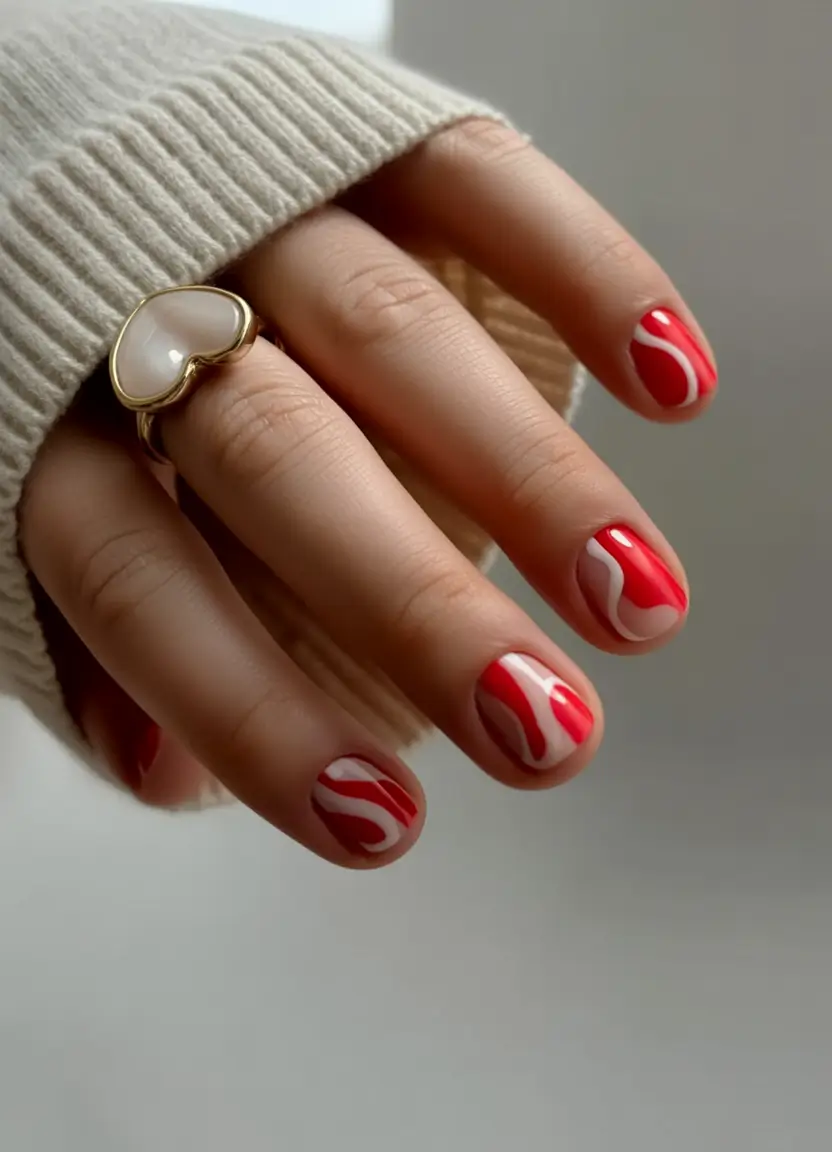 summer round nails ideas 2025 Retro Swirls in Cherry Red